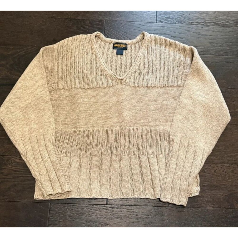 Woolrich Womens Small Putty Ramie Cotton V Neck Ribbed Knit Sweater